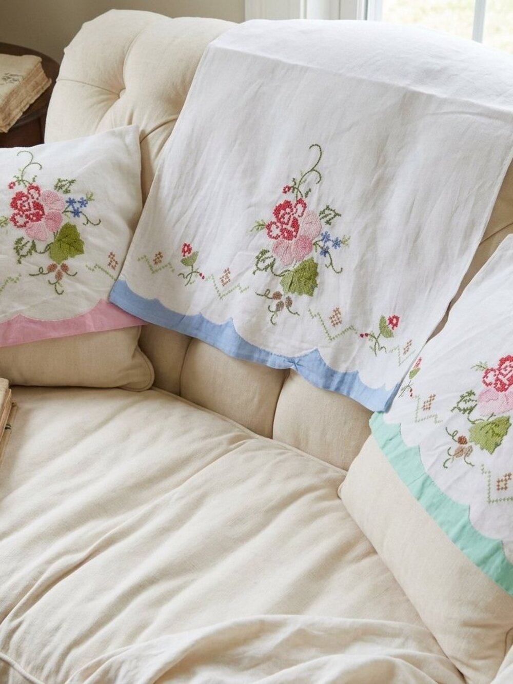 Vintage Handmade Embroidery Chair Sofa Backs Antimacassar Set Cotton Linens